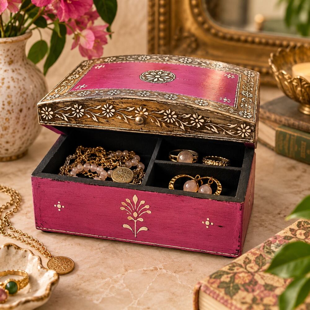 World Market Micheala Dome Jewelry Box Hand Painted India Boho Folk Art